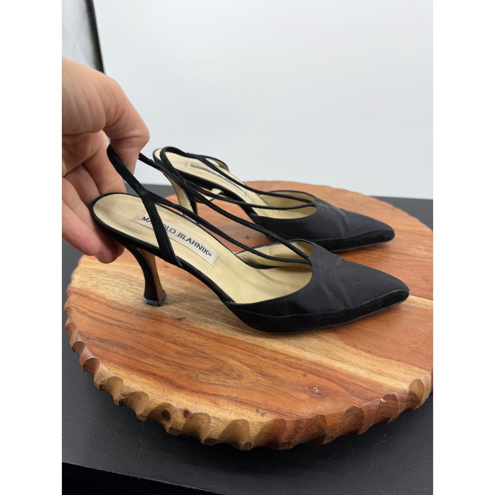 Manolo Blahnik Slingback Pumps Women 35.5 Black Strappy Pointed Toe 3.5" Heels